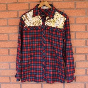 3/$20 E2 Clothing- Plaid Flannel Sequin Top